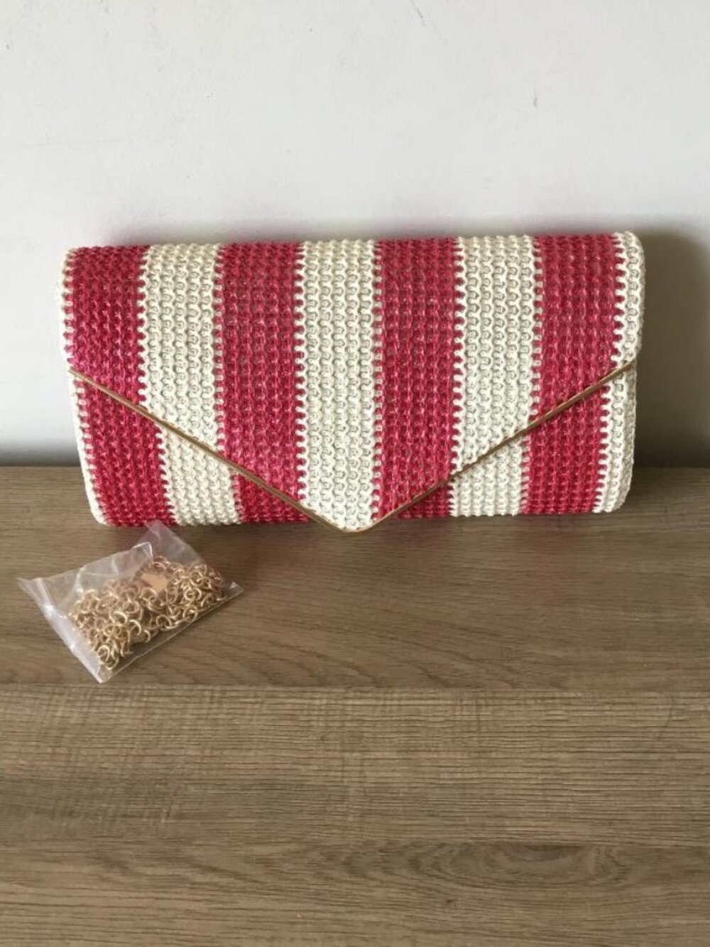Red and White Striped Straw Clutch w/Gold Chain Crossbody Strap & Gold-tone Trim